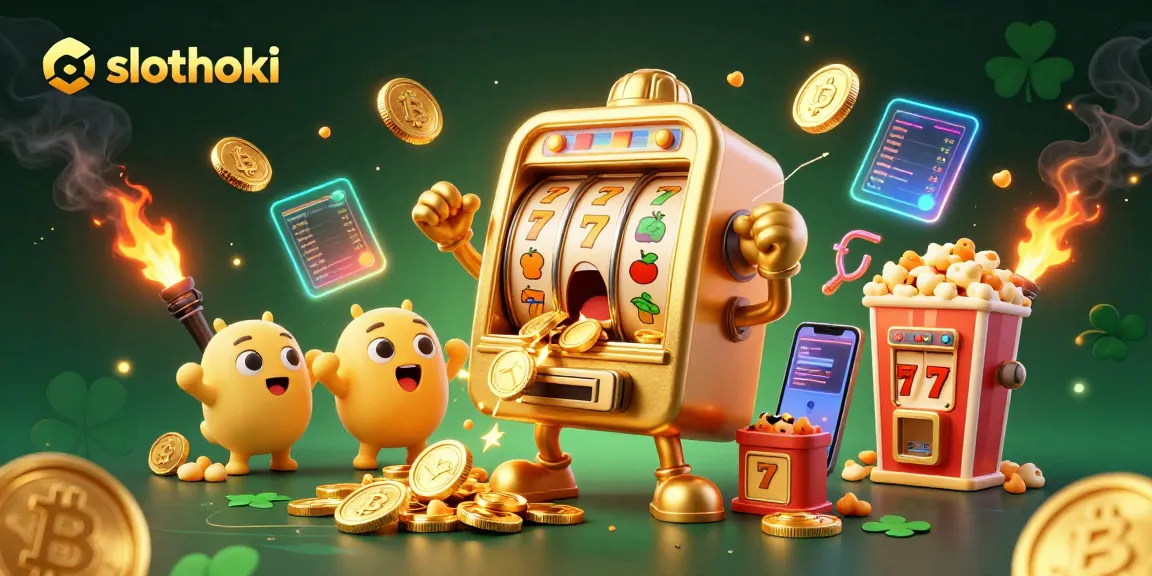 slothoki memutar jackpot di mesin slot emas dengan koin bertebaran dan kegembiraan di sekelilingnya