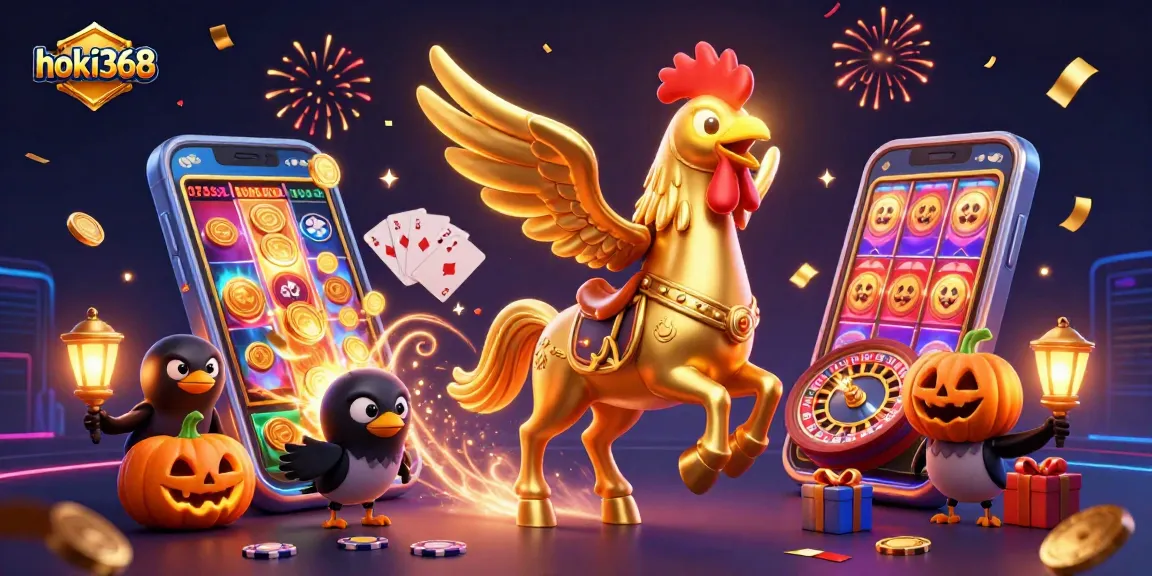 Experience excitement at hoki368 with a golden rooster riding a spectral horse amidst vibrant casino elements.