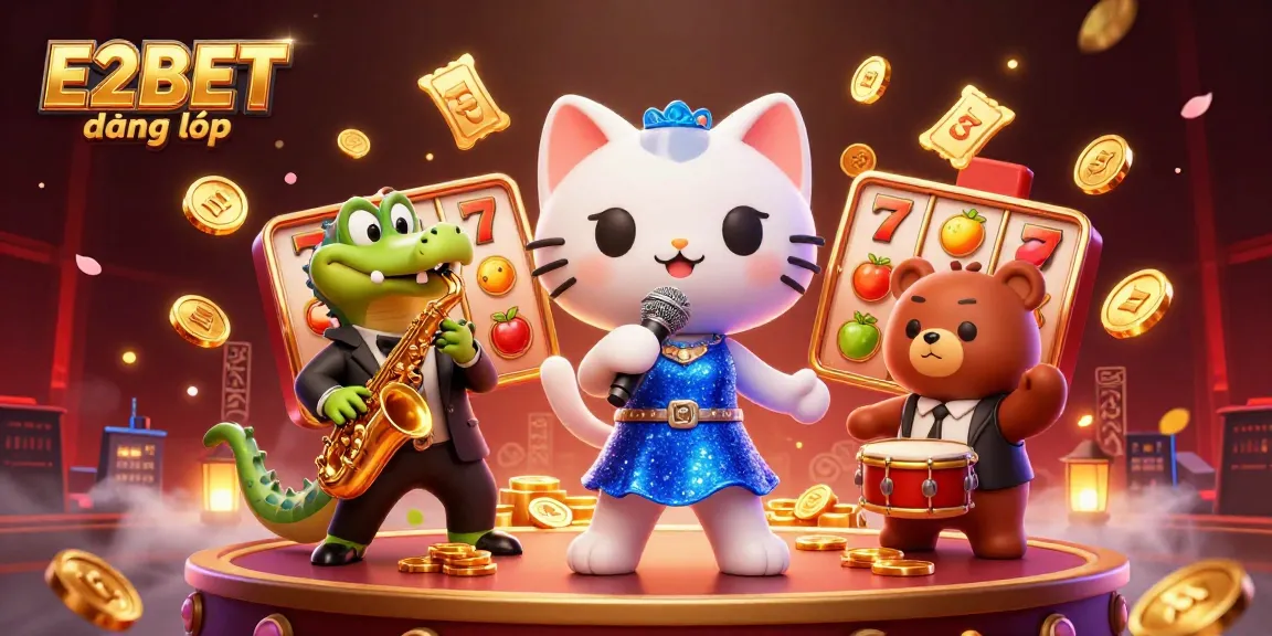 E2BET đăng nhập features a vibrant casino scene with cartoon characters and dynamic slot elements