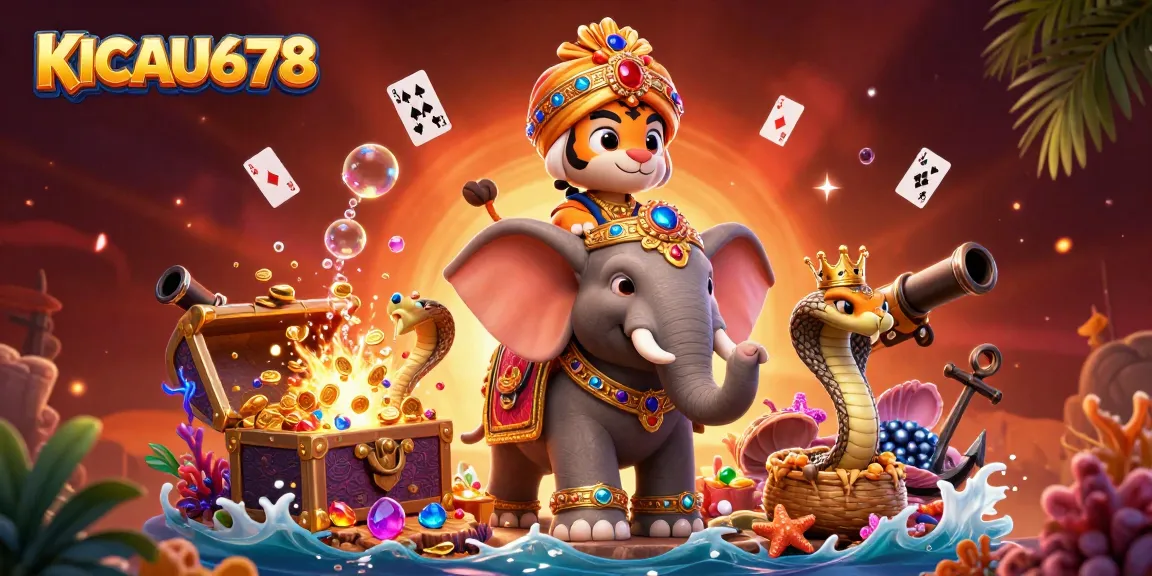 KICAU678 showcases an energetic casino scene with a maharaja tiger, elephant, and cobra amid vibrant gambling elements.