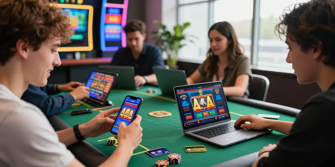 Engaged players enjoying a credit card casino experience on smartphones and laptops in a vibrant gaming environment.