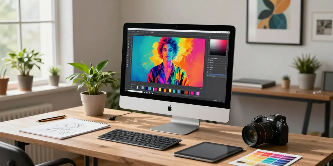 Designer utilizing nano banana 2 AI image editor in a modern creative workspace filled with vibrant designs and inspirational decor.