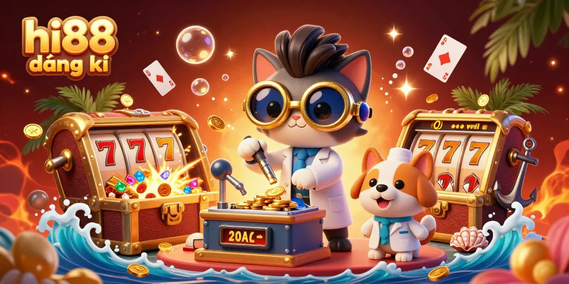 Engage with the thrilling world of hi88 đăng ký as the mad scientist cat creates casino magic with golden coins and vibrant slot reels.