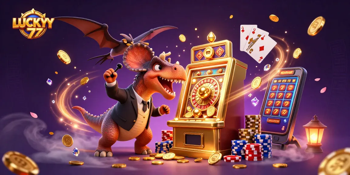LUCKY77 brings excitement with a pachycephalosaurus and slot machine jackpot coins.