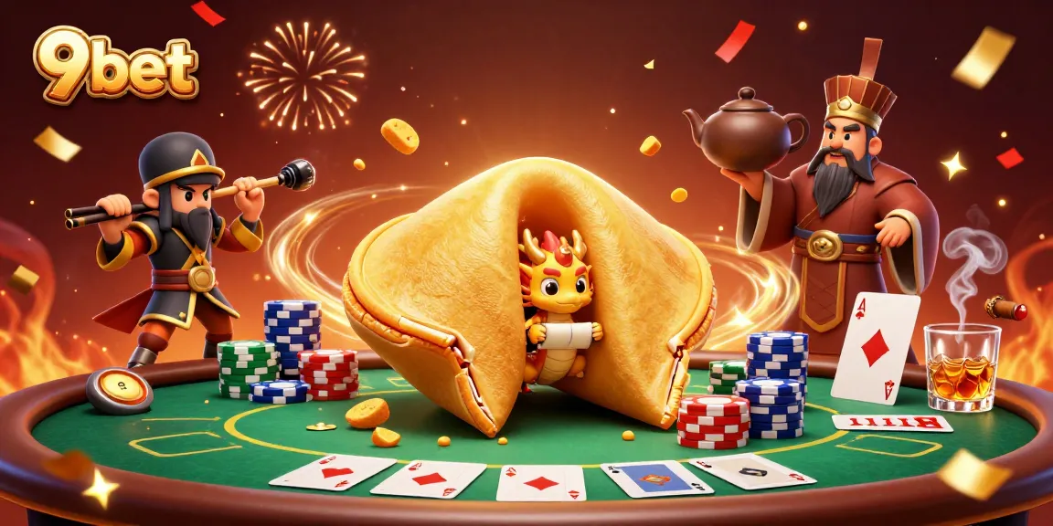 Experience thrilling poker action at 9bet with a fortune cookie scene depicting strategies and wins.