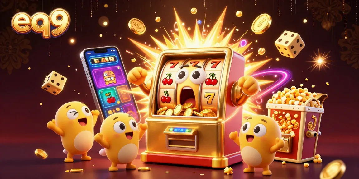 Hit jackpots with eq9's golden slot machines celebrating wins amidst glowing casino action.