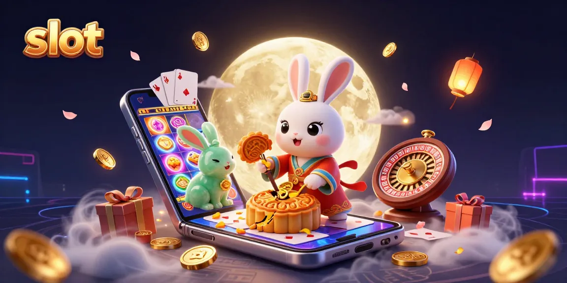 Spin colorful slot game reels and win big alongside a traditional moon rabbit in this vibrant casino illustration.