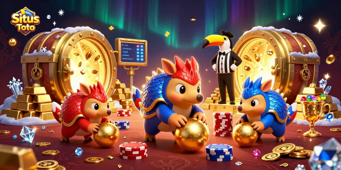 Experience Situs Toto excitement as pangolins roll into golden balls amidst poker chips.