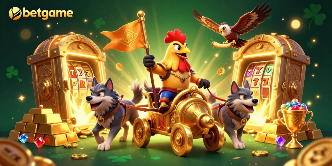 Engage with thrilling slot experiences at nbetgame illustrated with a rooster warlord in a treasure-filled scene.