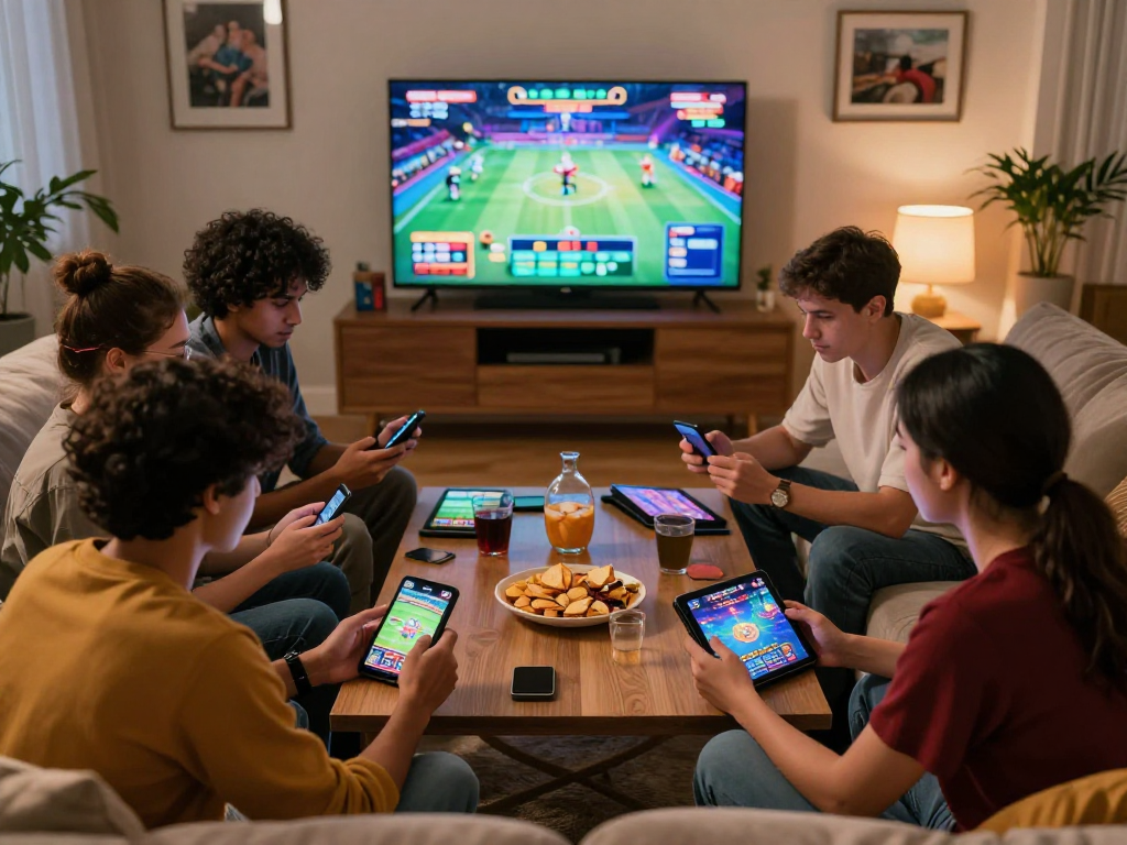 Un gruppo di amici si diverte giocando ai migliori casino online, smartphone in mano, atmosfera accogliente.