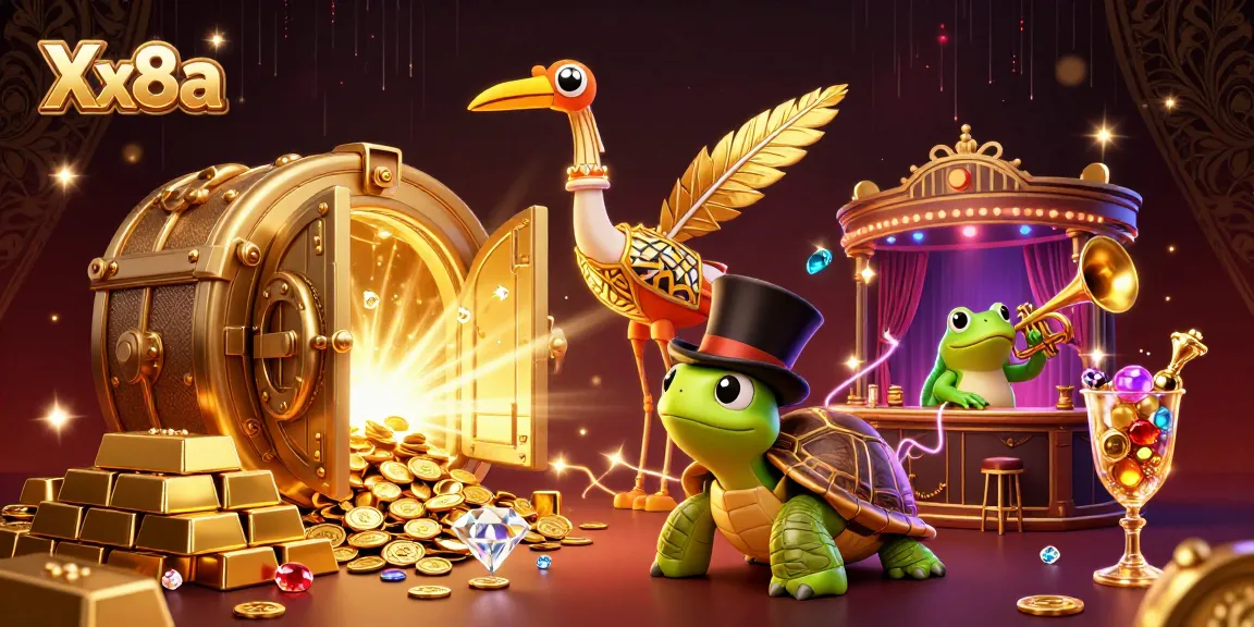 Xx8a captivating casino scene with cartoon crane, turtle, and frog amidst golden treasures.