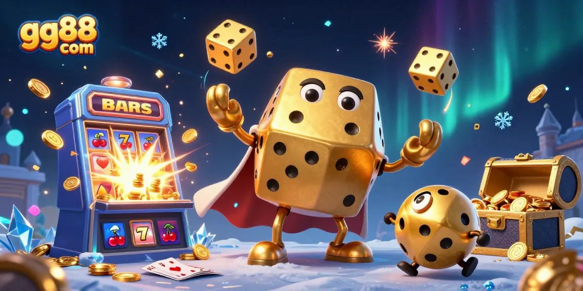 Experience thrilling bets and jackpots at gg88 com with this vibrant casino illustration featuring golden dice and a slot machine.