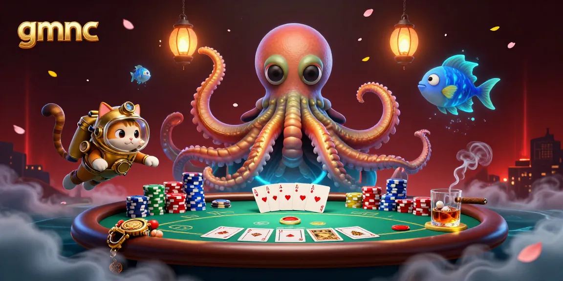 Play poker with gmnc in a fantastical scene featuring a kraken and diving cat.