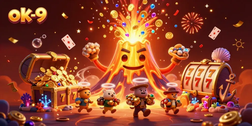 Experience the thrill of winning with ok-9 in this vibrant 3D casino scene filled with treasure and excitement.