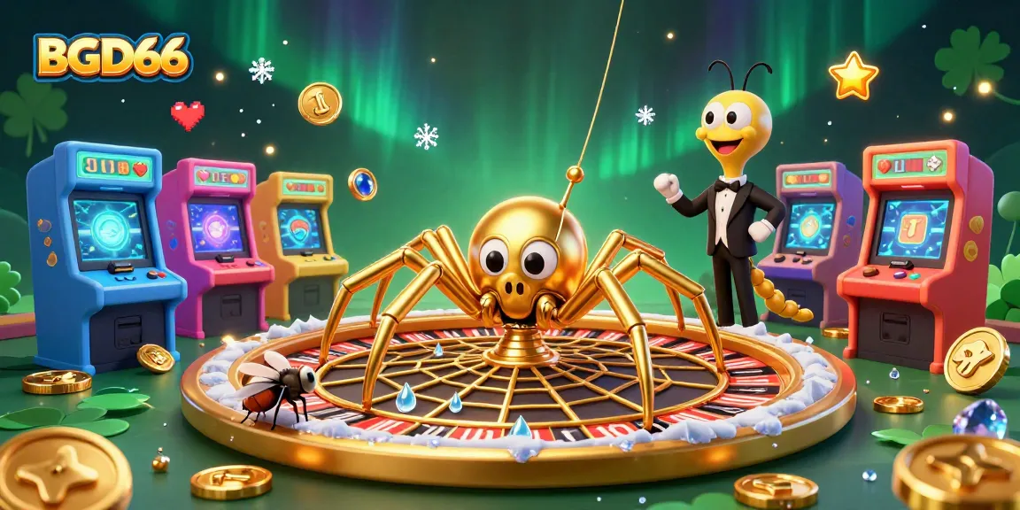 Engage in thrilling bets with BGD66 alongside a golden spider and centipede croupier in a vibrant casino world.