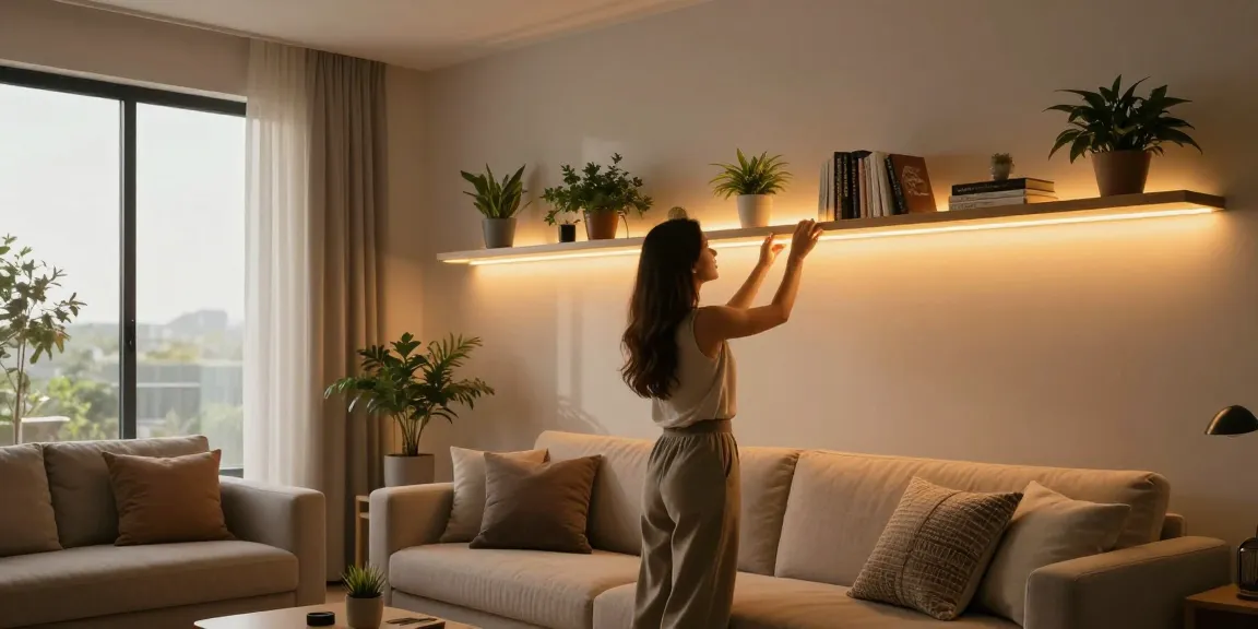 Transformarea unei camere cu banda led, femeie instalând lumini LED pe rafturi, ambianță modernă și confortabilă.