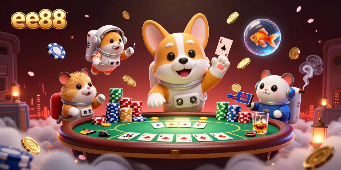 Engage with casino excitement at ee88 featuring a floating corgi astronaut among poker chips.