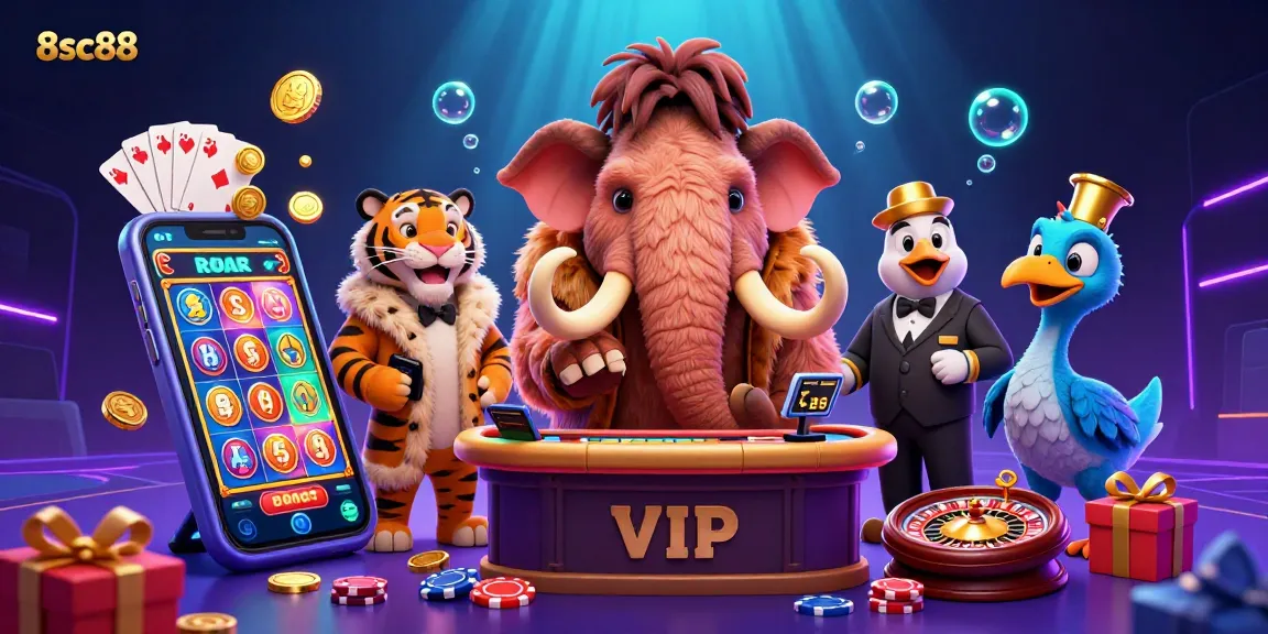 Engage with 8sc88's lively casino scene featuring a woolly mammoth bouncer, saber-tooth guest, and dodo bird doorman.