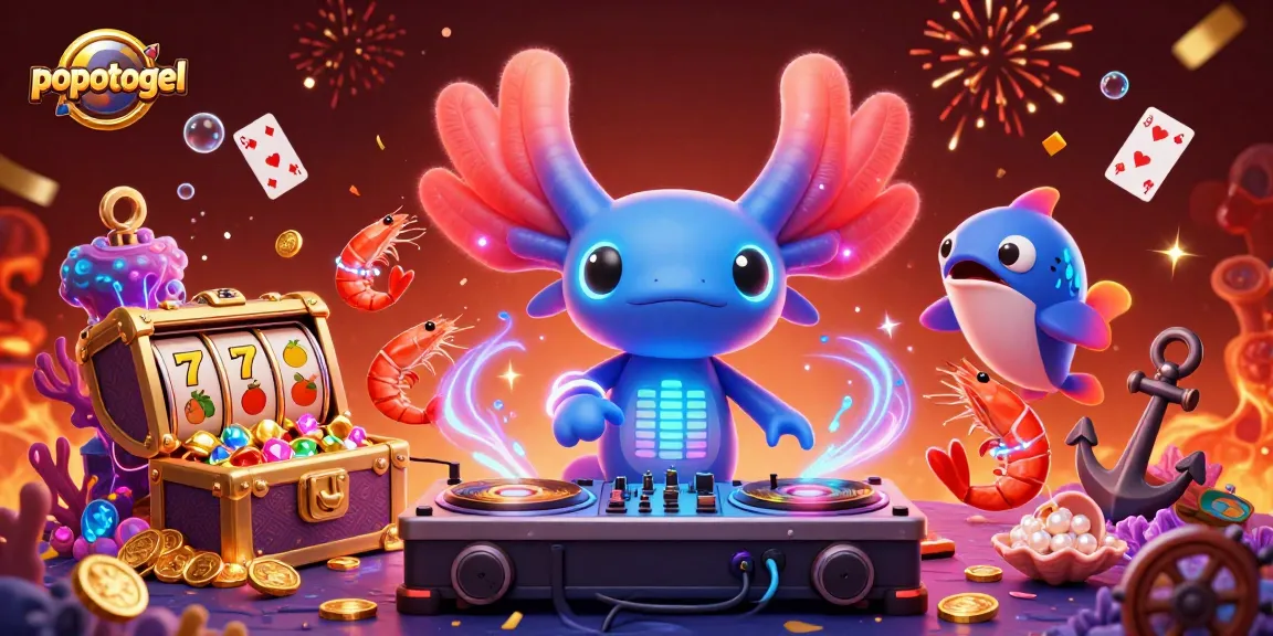 Play exciting slot games with popotogel, featuring vibrant characters and gleaming rewards in a unique underwater casino vibe.