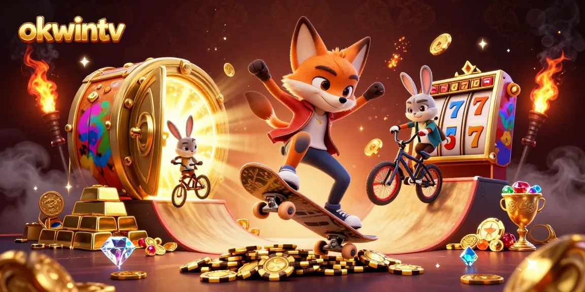 Experience the thrill of okwintv with a dynamic scene of a skateboarder fox and BMX rabbit amidst dazzling casino elements.