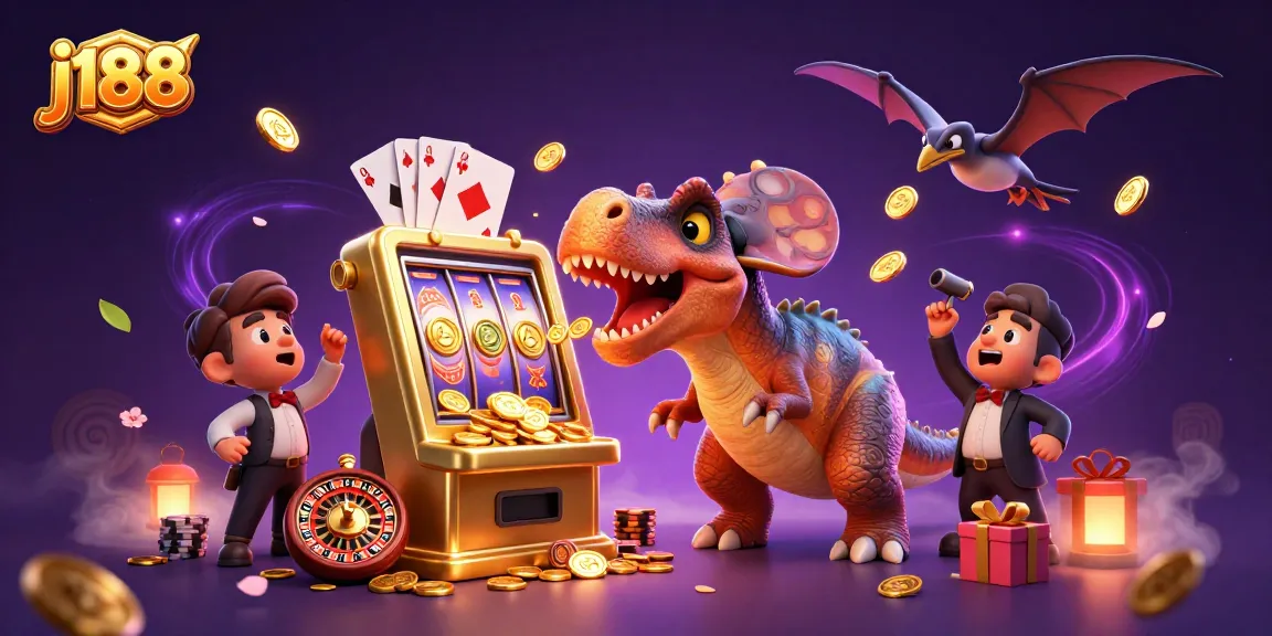 The j188 slots scene showcases a dinosaur adventures with a pachycephalosaurus, golden coins, and exciting gaming elements.