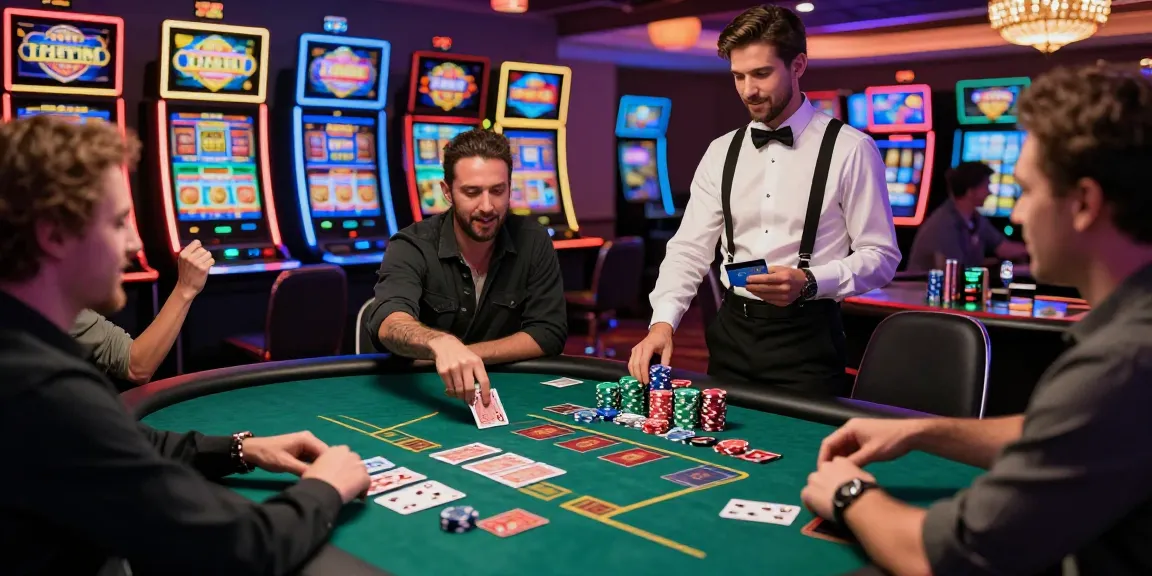 Exciting gaming atmosphere at a casino that accepts credit cards, featuring players engaged at the card table with vibrant slot machines in the background.