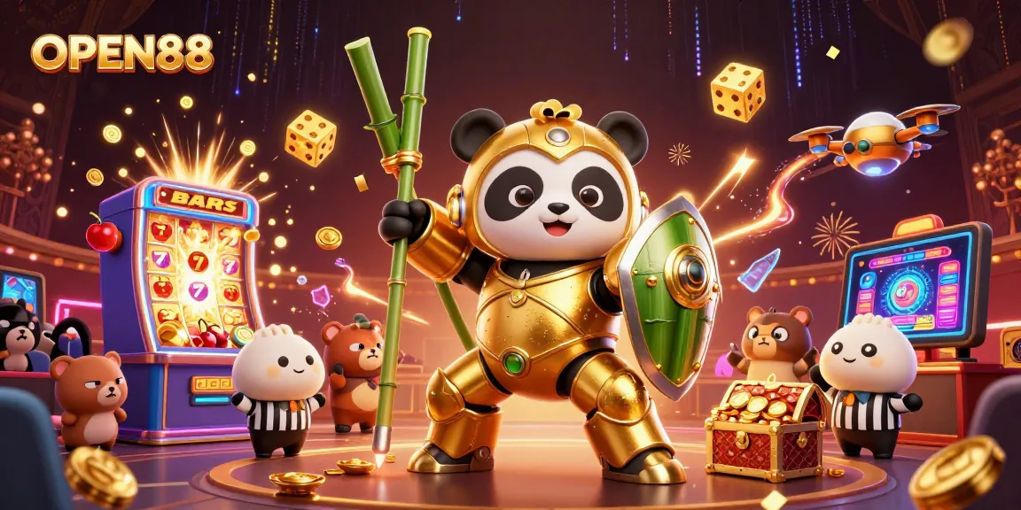 Experience thrilling gameplay with OPEN88's dynamic casino scene featuring a golden panda and exciting slot elements.