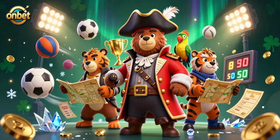 Join the excitement at onbet with thrilling sports betting, surrounded by vibrant casino elements and characters.