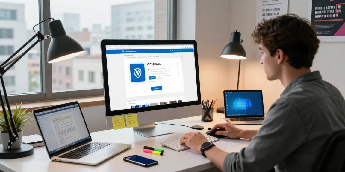 WPS Download page displayed on a modern computer, surrounded by productivity tools in an urban office.