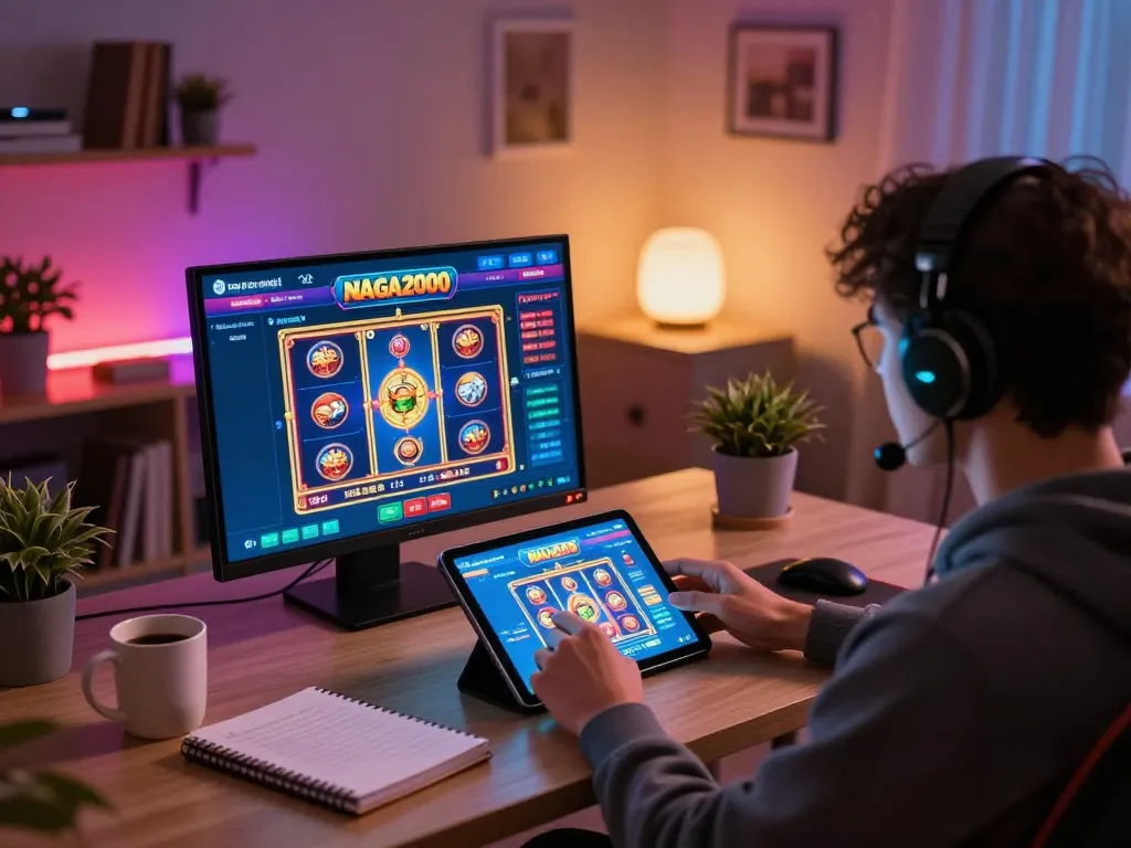 NAGA2000 player engaged in online slot gaming at home, showcasing strategic gameplay atmosphere.