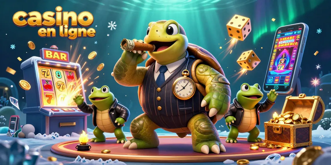 Jouer sur un casino en ligne avec une tortue en costume de mafieux entourée de grenouilles, machines à sous et effets lumineux.
