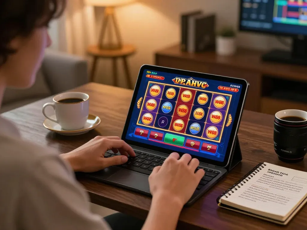 Engaging in exciting W88 online gaming with vibrant slot graphics and cozy atmosphere.