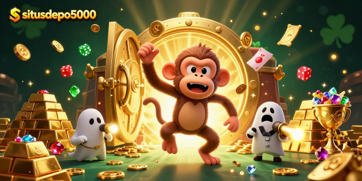 Engage with situsdepo5000 in a thrilling scene featuring a mischievous monkey and a puppy in a casino.
