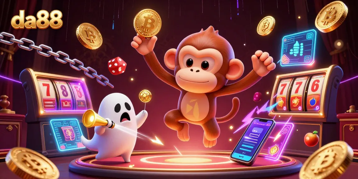 Experience the thrill of da88 casino as a mischievous poltergeist monkey juggles golden coins and cards.