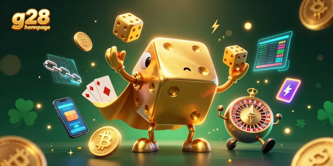 Spin the g28 homepage reels with thrilling golden dice and crypto elements in vibrant 3D action.