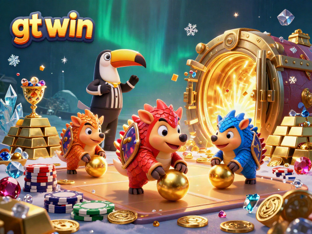 Engage with gt win by bowling through golden poker chips in a vibrant casino scene.