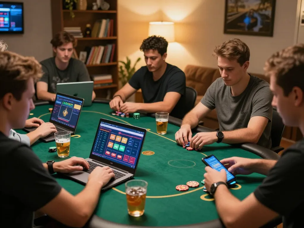 Players engaging in online poker at home with lc888 gaming platform on multiple devices, showcasing strategic gameplay.