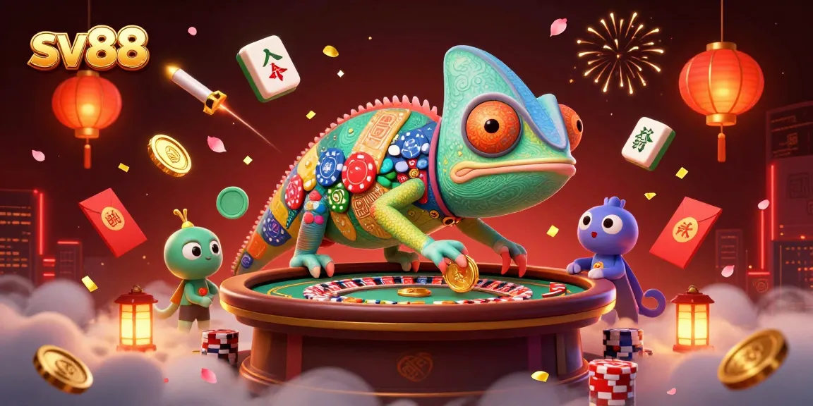 sv88 showcases a vibrant 3D illustration of a chameleon casino owner surrounded by gaming elements.