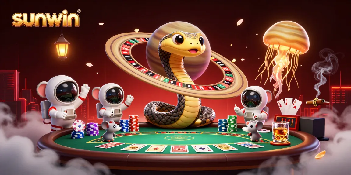 Experience vibrant gameplay at sunwin with a cosmic roulette scene featuring unique characters and poker elements.
