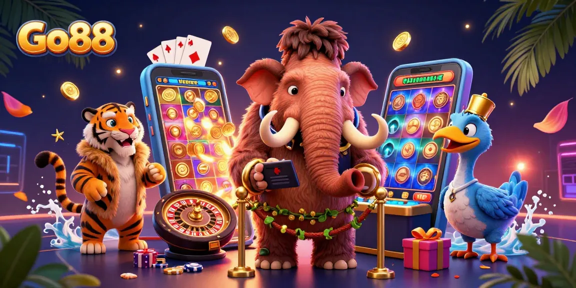Engage in thrilling gameplay at Go88 with a vibrant casino scene featuring a woolly mammoth and saber-tooth tiger.