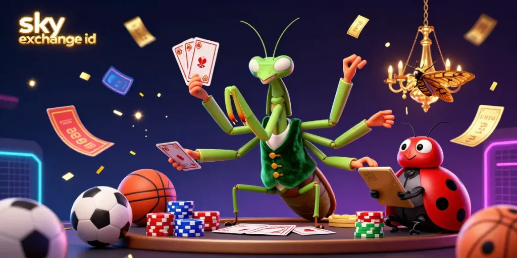 Experience thrilling sports betting with a vibrant sky exchange id illustration, showcasing a mantis dealer and ladybug pit boss.