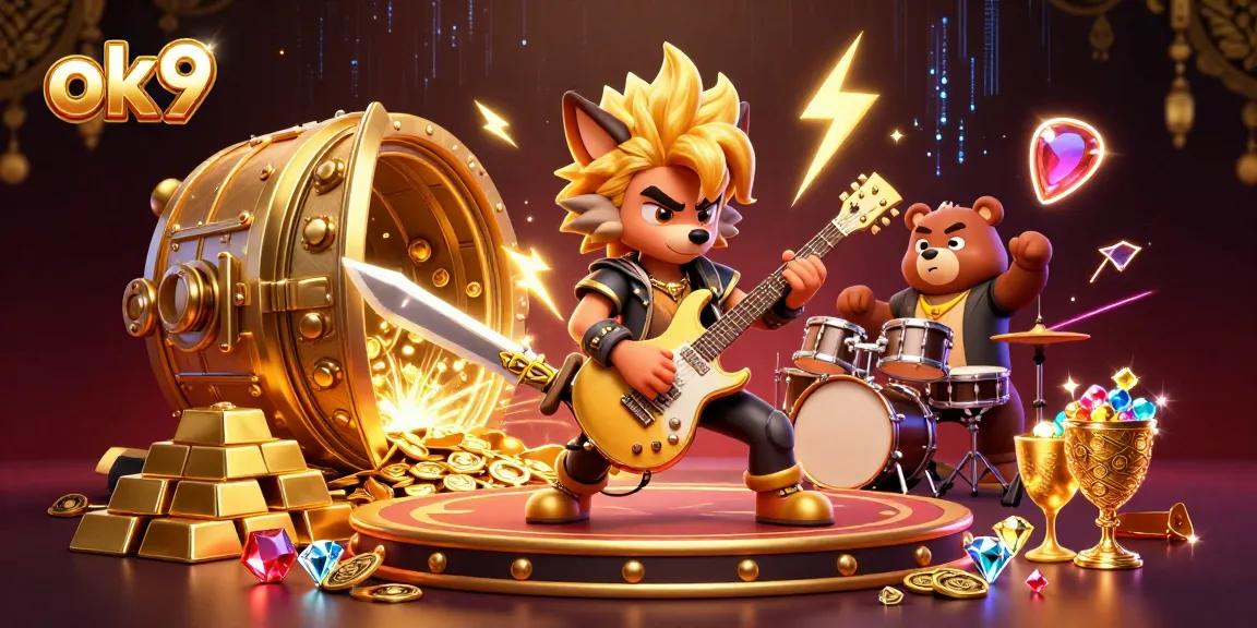 Experience the excitement of ok9 with a lively casino scene featuring a rock star wolf and a drummer bear.