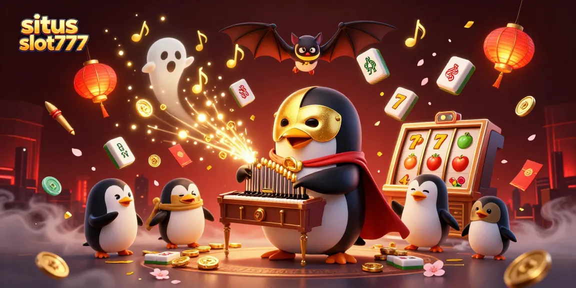Experience excitement on situs slot777 with a golden-masked organist penguin and vibrant gaming symbols