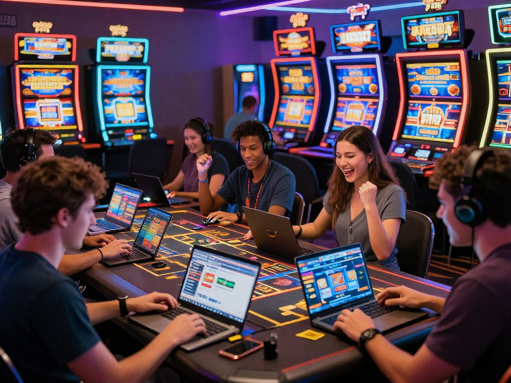 I migliori casino online: giocatori felici impegnati in giochi virtuali emozionanti con luci vivaci e promozioni accattivanti.