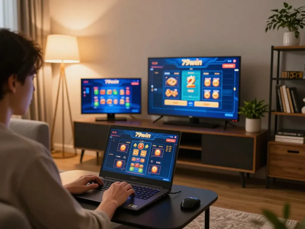 Player exploring 79win online casino games on a laptop in a warm, inviting living room.