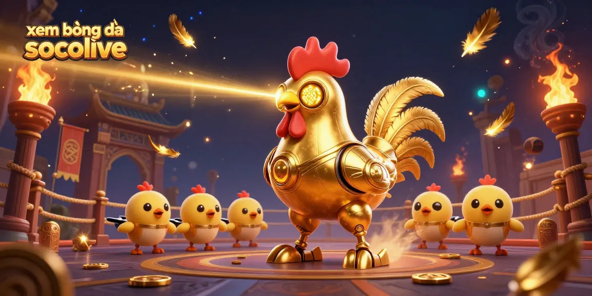 Experience xem bóng đá socolive with a dynamic 3D scene featuring a golden rooster robot and baby chick drones.