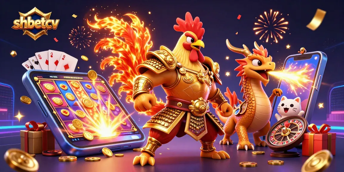 Experience excitement at shbetcv with a vibrant scene featuring a 3D rooster warrior and dragon hatchling amidst dazzling casino elements.