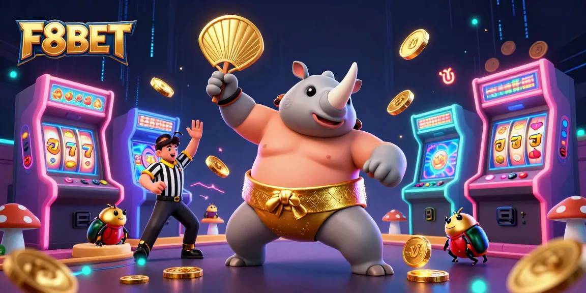 F8BET showcases a lively 3D casino scene featuring beetle characters and vibrant game elements.