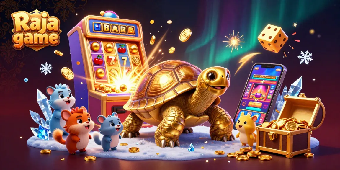 Experience thrilling wins with Raja game featuring a colossal tortoise pinball machine and vibrant casino elements.