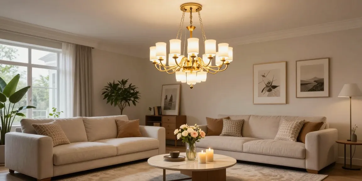 Candelabru LED elegant suspendat într-un living modern, iluminând un interior rafinat.